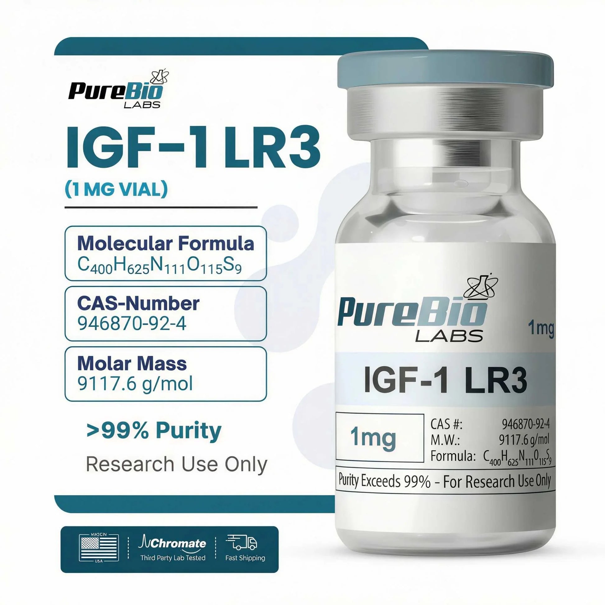 IGF-1 LR3 vial with PureBio Labs branding on a white background