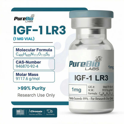 IGF-1 LR3 vial with PureBio Labs branding on a white background