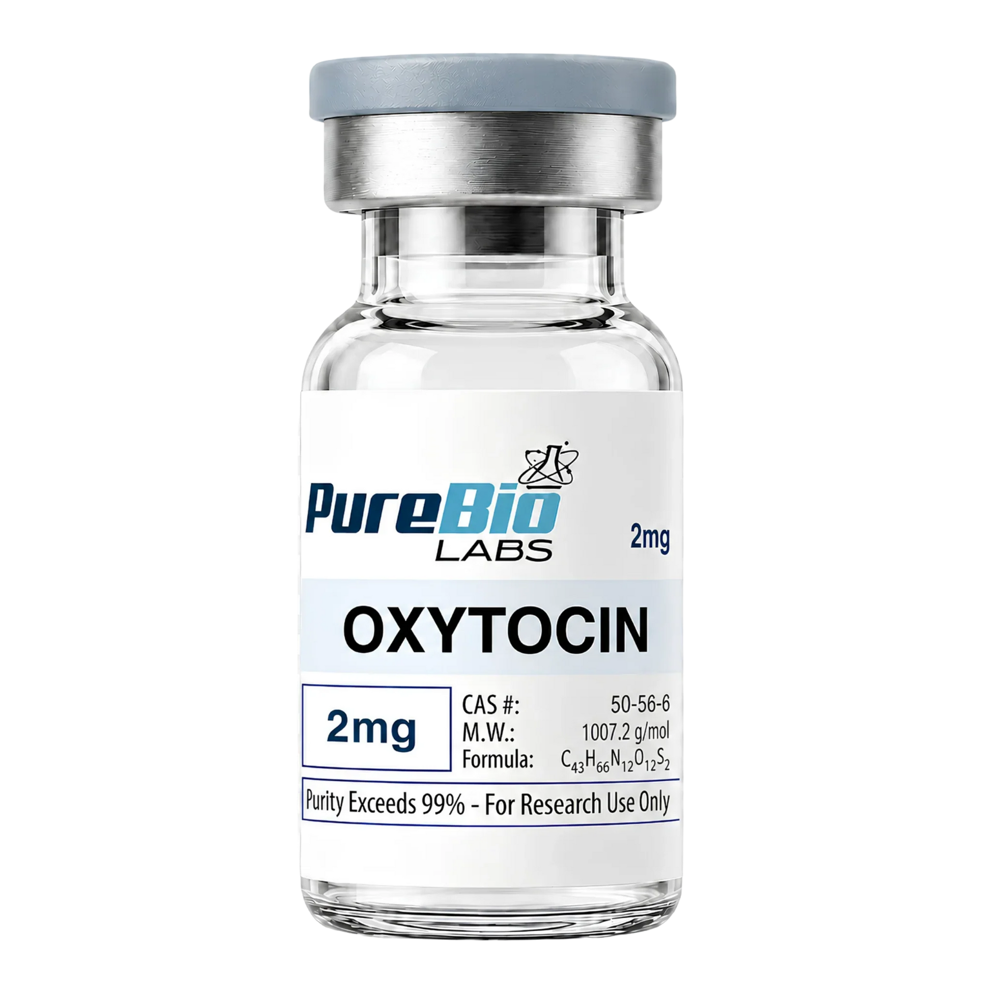 A small glass vial of PureBio Labs Oxytocin 2mg, featuring a white label with blue and black text, a silver metal collar, and a gray cap, isolated on a white background.