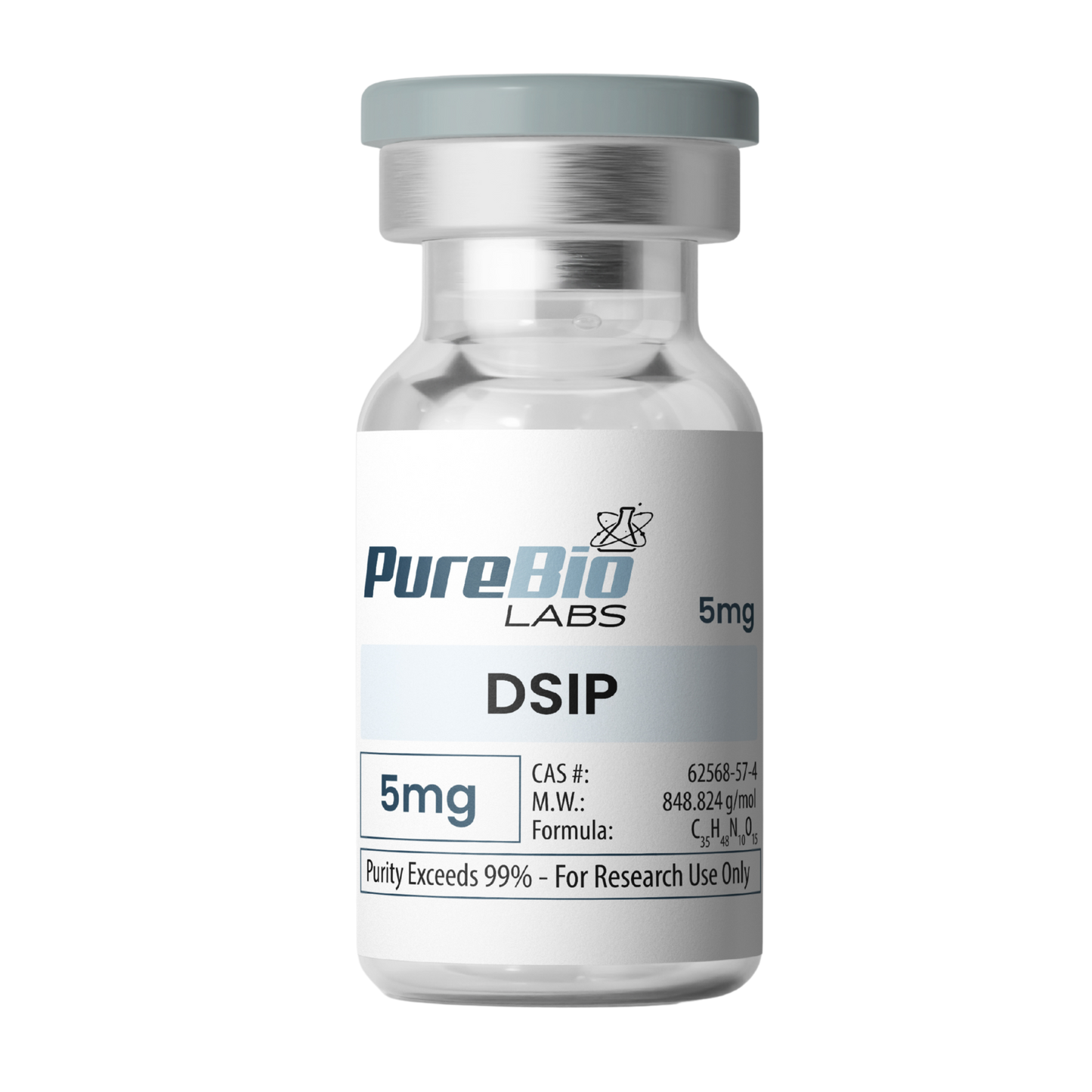 Vial labeled 'Pure Bio Labs DSIP 5mg' on a white background