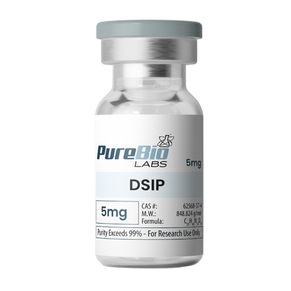Vial labeled 'Pure Bio Labs DSIP 5mg' on a white background