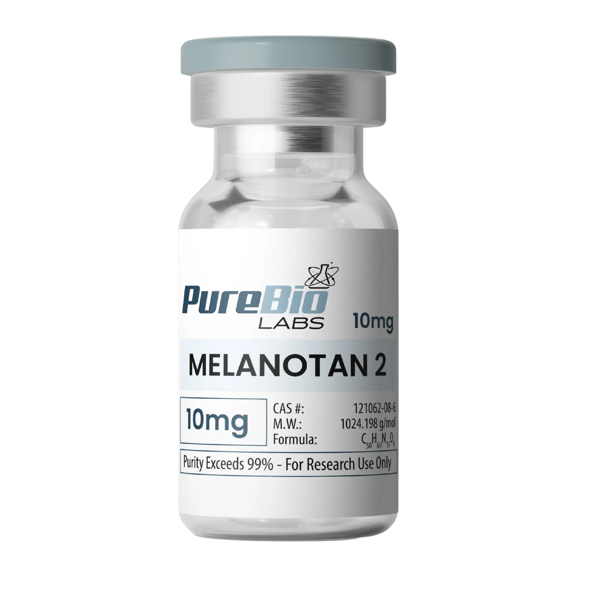 Vial labeled 'Melanotan 2' from PureBio Labs on a white background