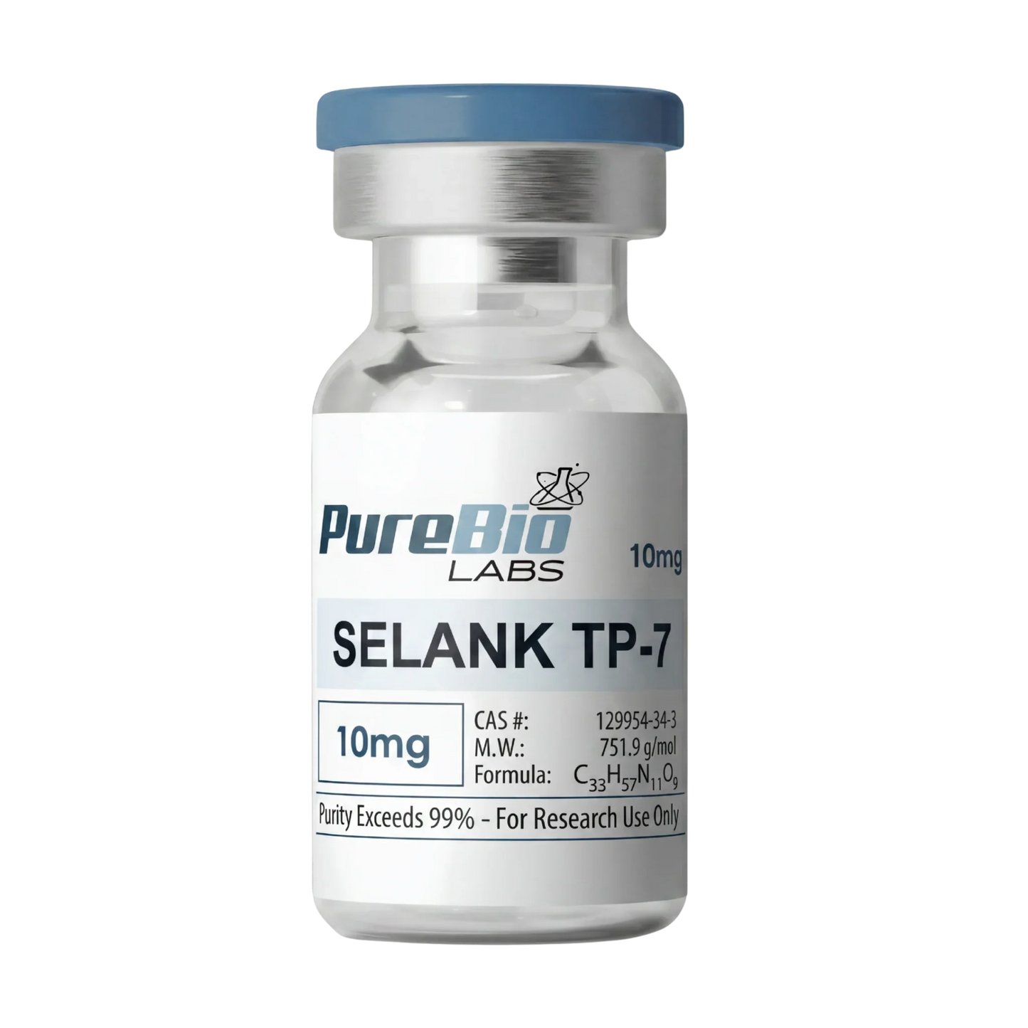 Vial labeled 'SELANK TP-7' by PureBio Labs on a white background