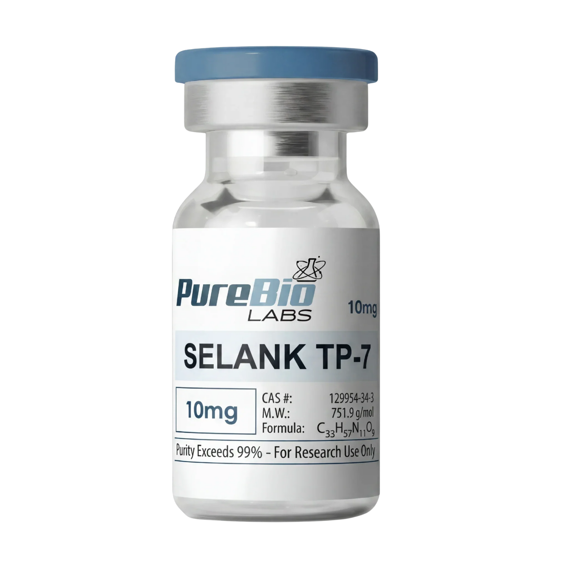 Vial labeled 'SELANK TP-7' by PureBio Labs on a white background