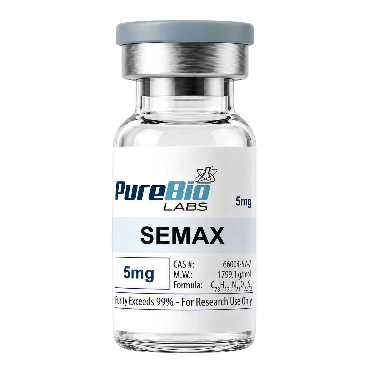 A 5mg vial of PureBio Labs Semax, a clear glass vial with a gray cap and a white label, shown on a solid white background.
