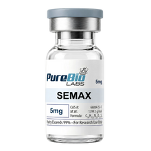 A 5mg vial of PureBio Labs Semax, a clear glass vial with a gray cap and a white label, shown on a solid white background.