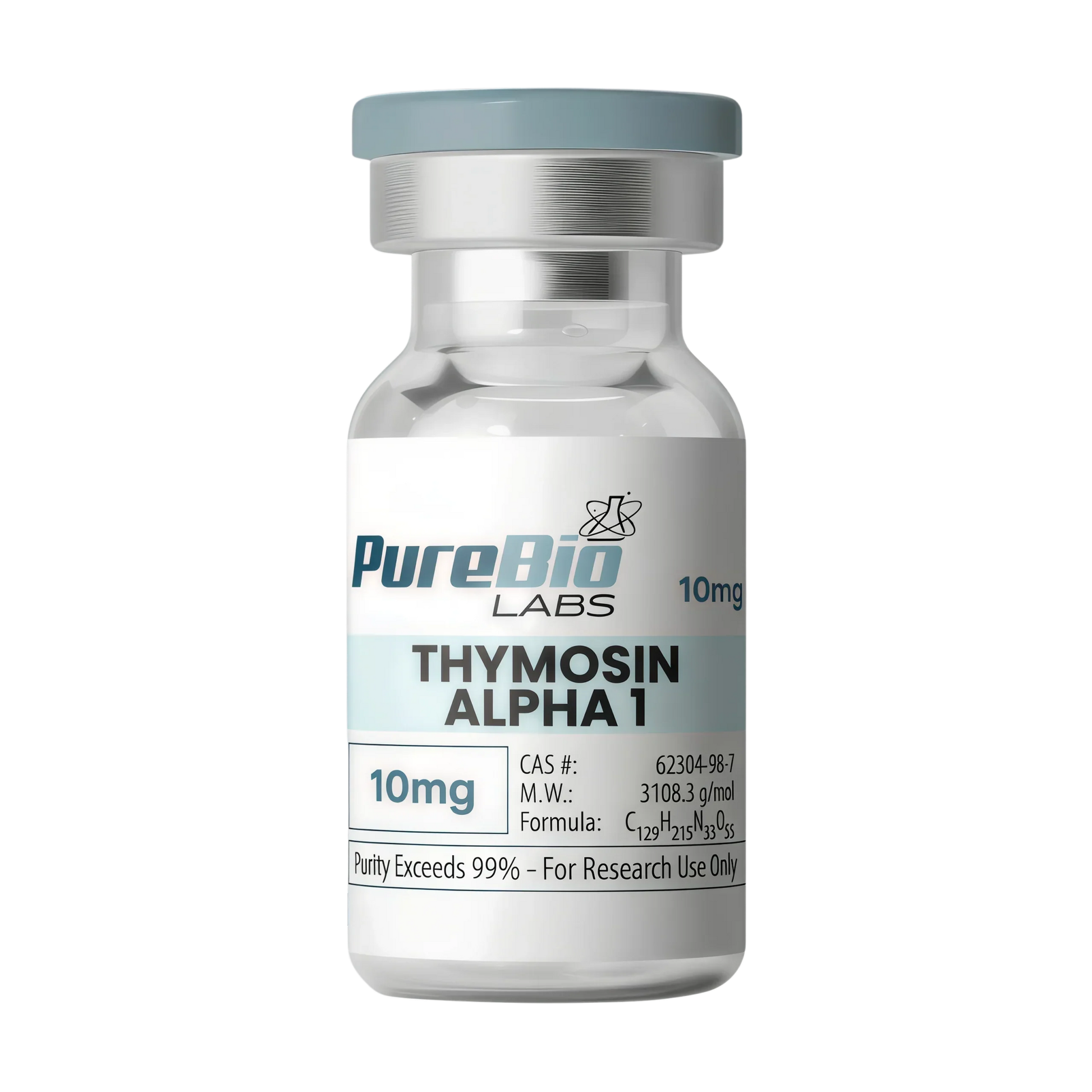 Vial labeled 'Thymosin Alpha 1' by PureBio Labs on a white background