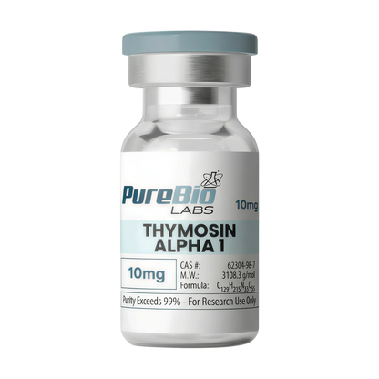 Vial labeled 'Thymosin Alpha 1' by PureBio Labs on a white background