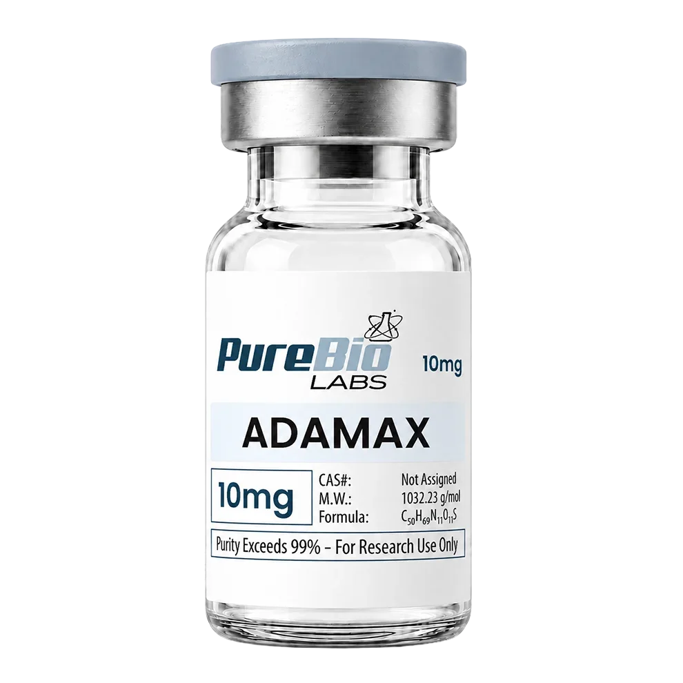 A glass vial of Pure Bio Labs Adamax 10mg with a white label, silver metal collar, and gray cap on a white background.