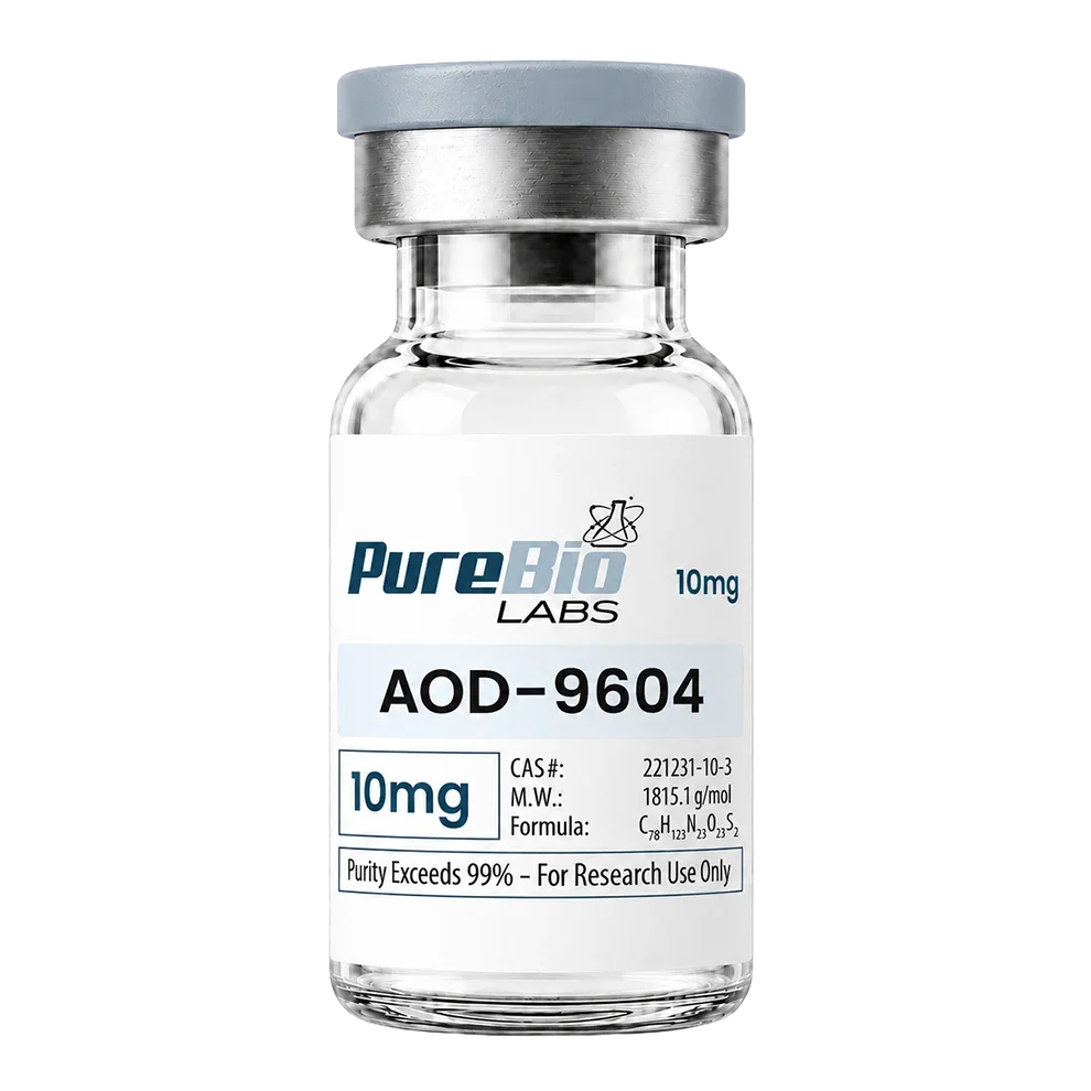 A glass vial of Pure Bio Labs AOD-9604 10mg with a white label, silver metal collar, and gray cap on a white background.