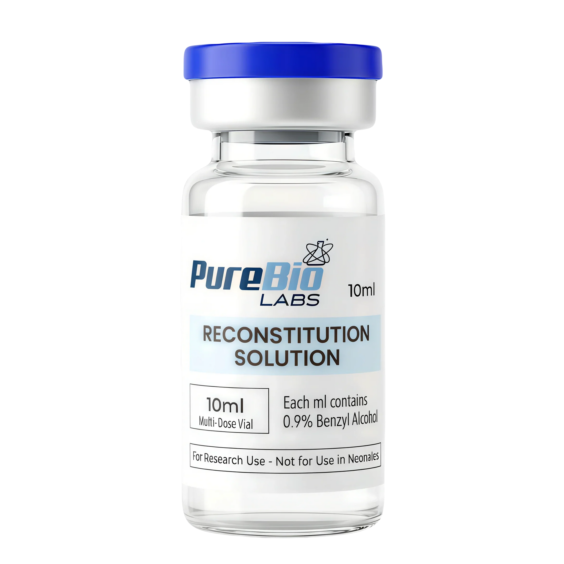 Clear vial labeled 'PureBio Labs Reconstitution Solution' on a white background