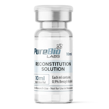 Clear vial labeled 'PureBio Labs Reconstitution Solution' on a white background