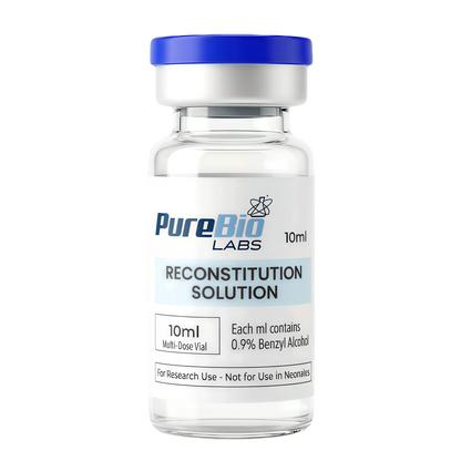 Clear vial labeled 'PureBio Labs Reconstitution Solution' on a white background