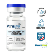 PureBio Labs reconstitution solution bottle with certification logos on a white background