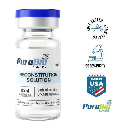 PureBio Labs reconstitution solution bottle with certification logos on a white background
