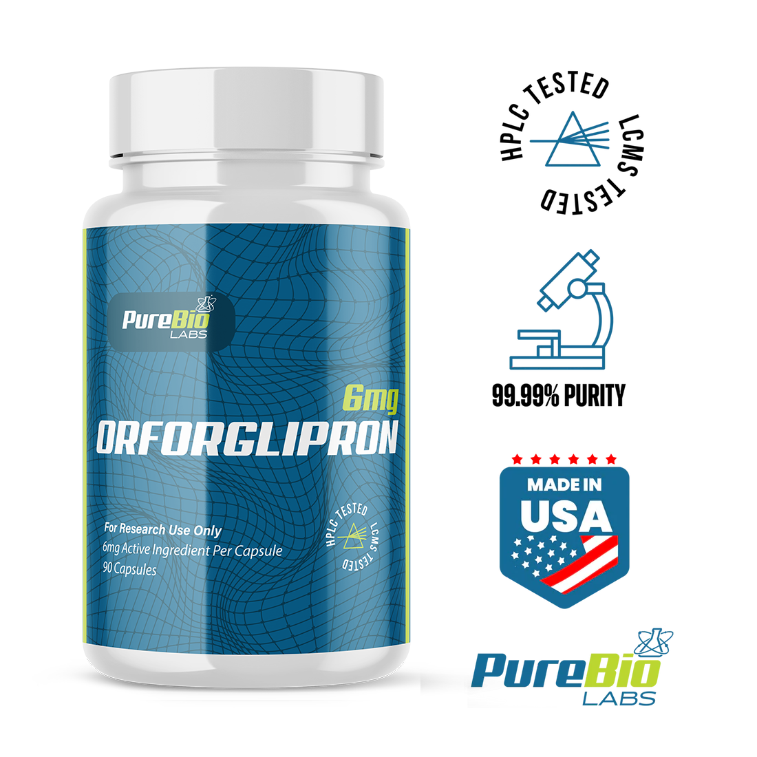 Bottle of Orforglipron with PureBio Labs branding and product details on a white background