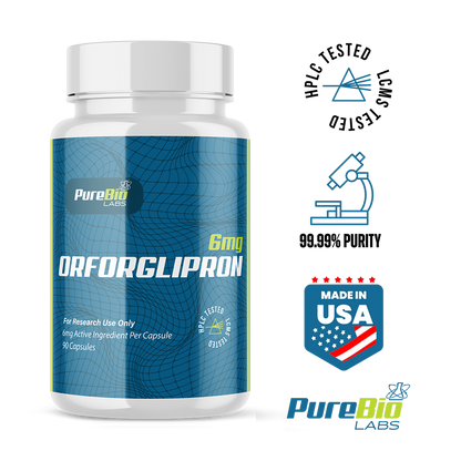 Bottle of Orforglipron with PureBio Labs branding and product details on a white background