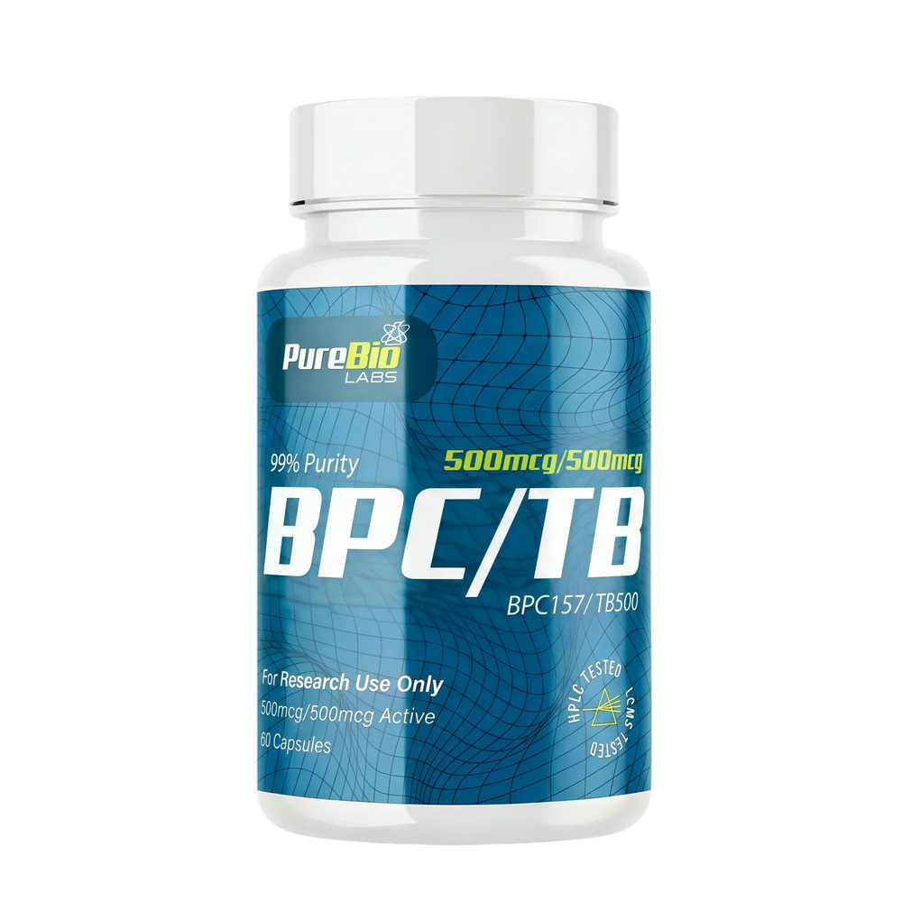 BPC-157 and TB-500 research capsules bottle, 500mcg / 500mcg capsule format, front label, Pure Bio Labs