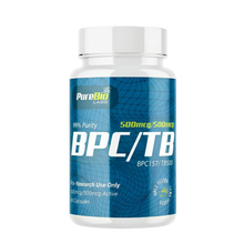 Bottle of BPC/TB supplement with blue label on a white background