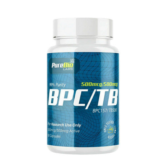 BPC-157 and TB-500 research capsules bottle, 500mcg / 500mcg capsule format, front label, Pure Bio Labs