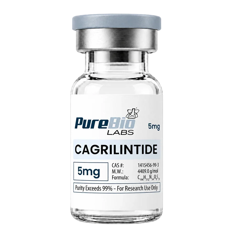 A glass vial of Pure Bio Labs Cagrilintide 5mg with a white label, silver metal collar, and gray cap on a white background.