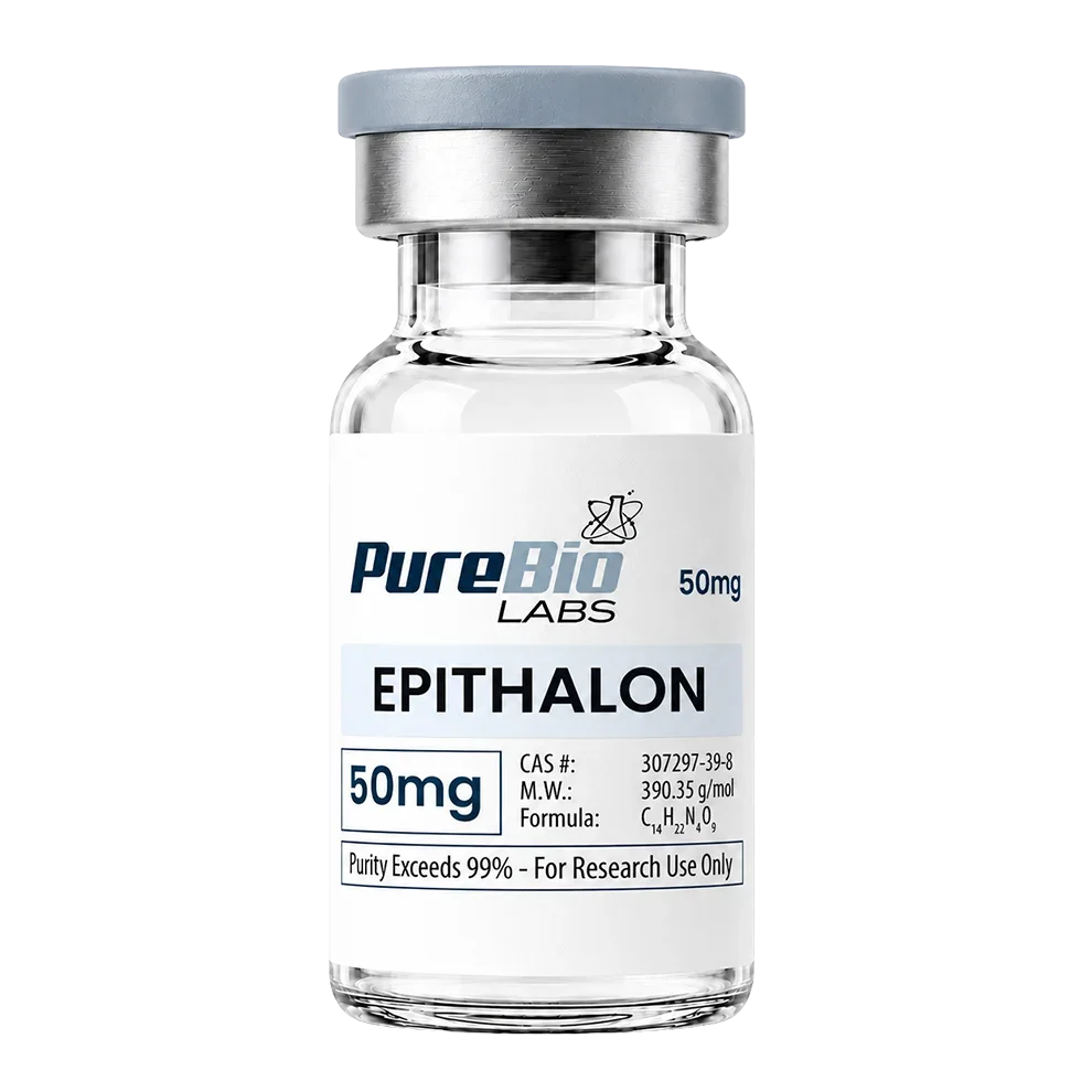 A glass vial of Pure Bio Labs Epithalon 50mg with a white label, silver metal collar, and gray cap on a white background.