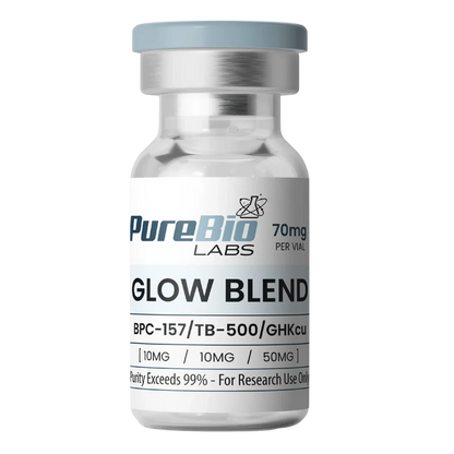 Vial labeled 'Glow Blend' by PureBio Labs on a white background