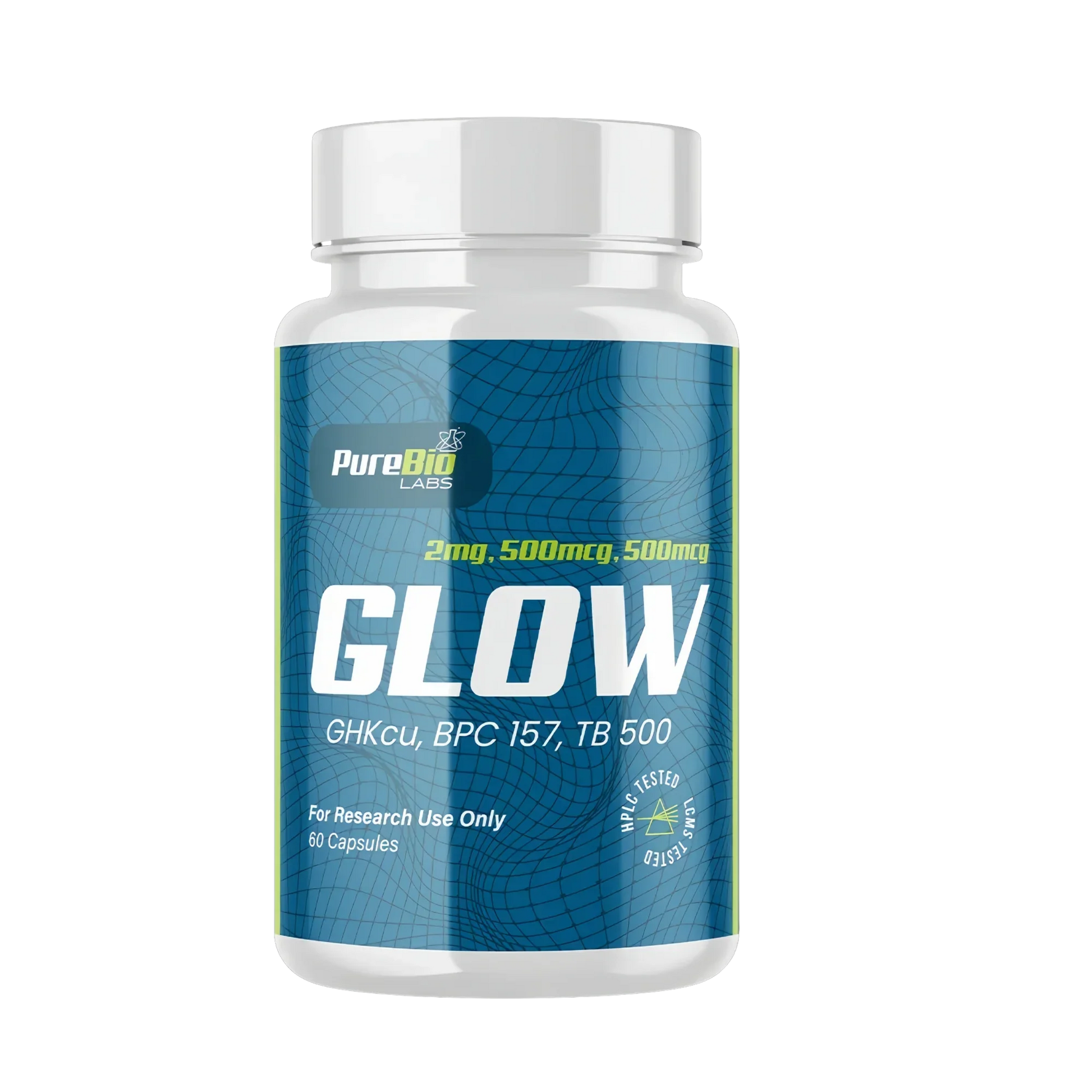 Supplement bottle labeled 'GLOW' by PureBio on a white background