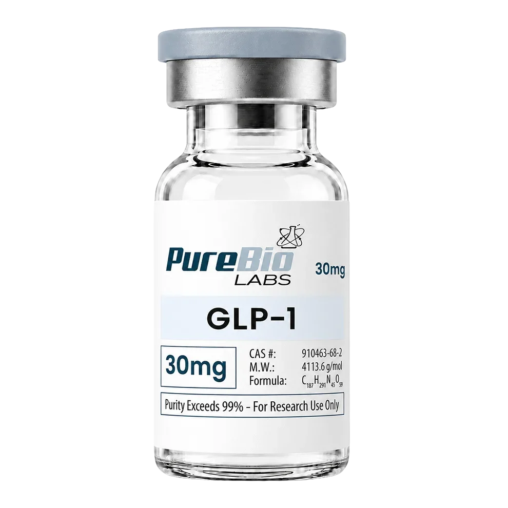 A glass vial of Pure Bio Labs GLP-1 30mg with a white label, silver metal collar, and gray cap on a white background.