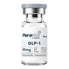 A glass vial of Pure Bio Labs GLP-1 30mg with a white label, silver metal collar, and gray cap on a white background.