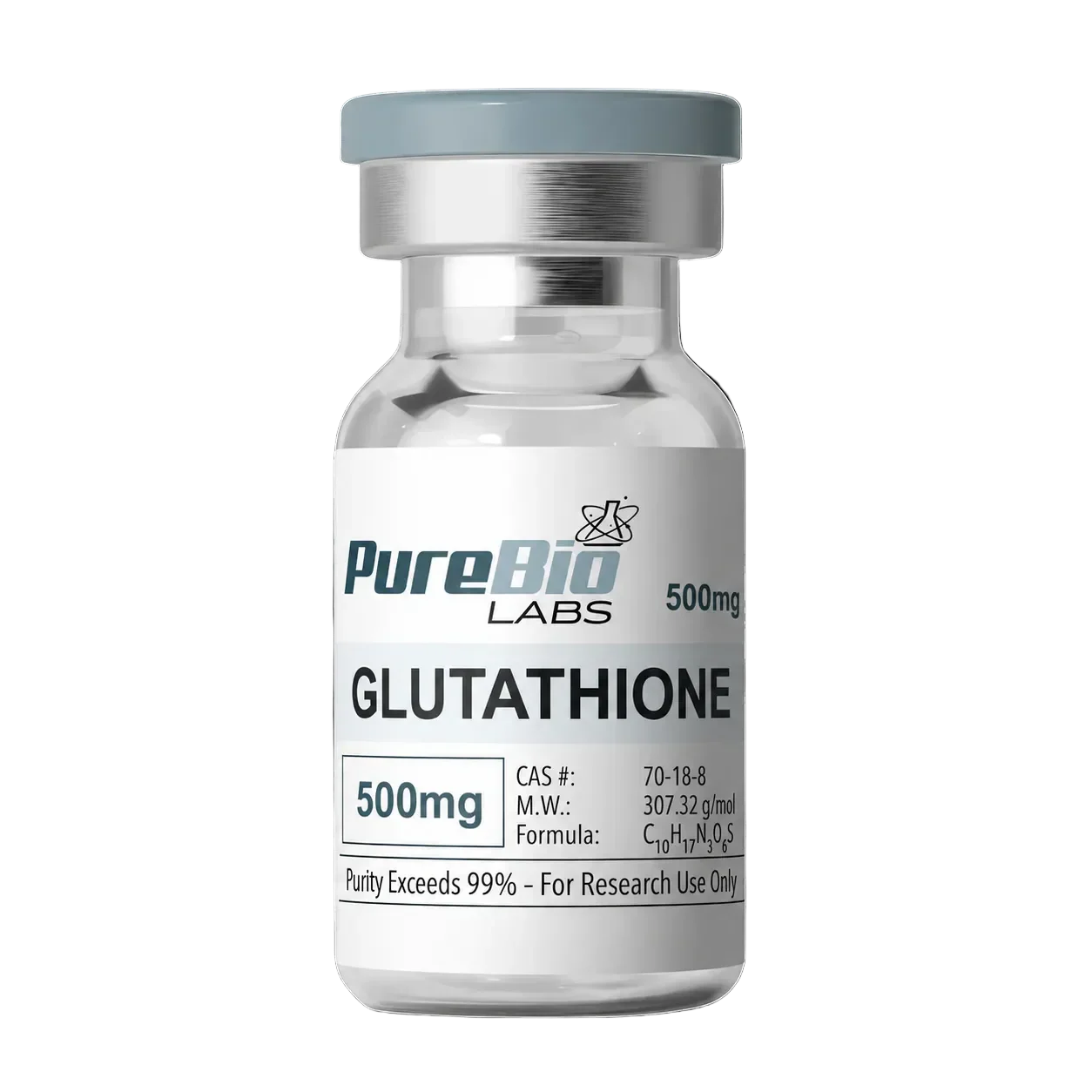 Vial of PureBio Labs Glutathione 500mg on a white background