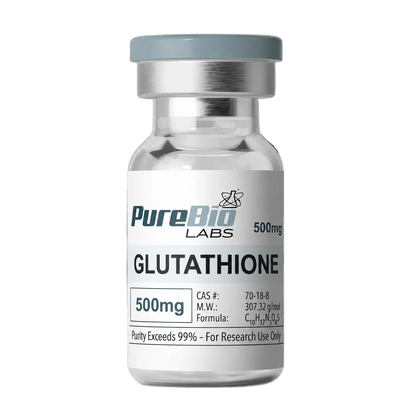 Vial of PureBio Labs Glutathione 500mg on a white background