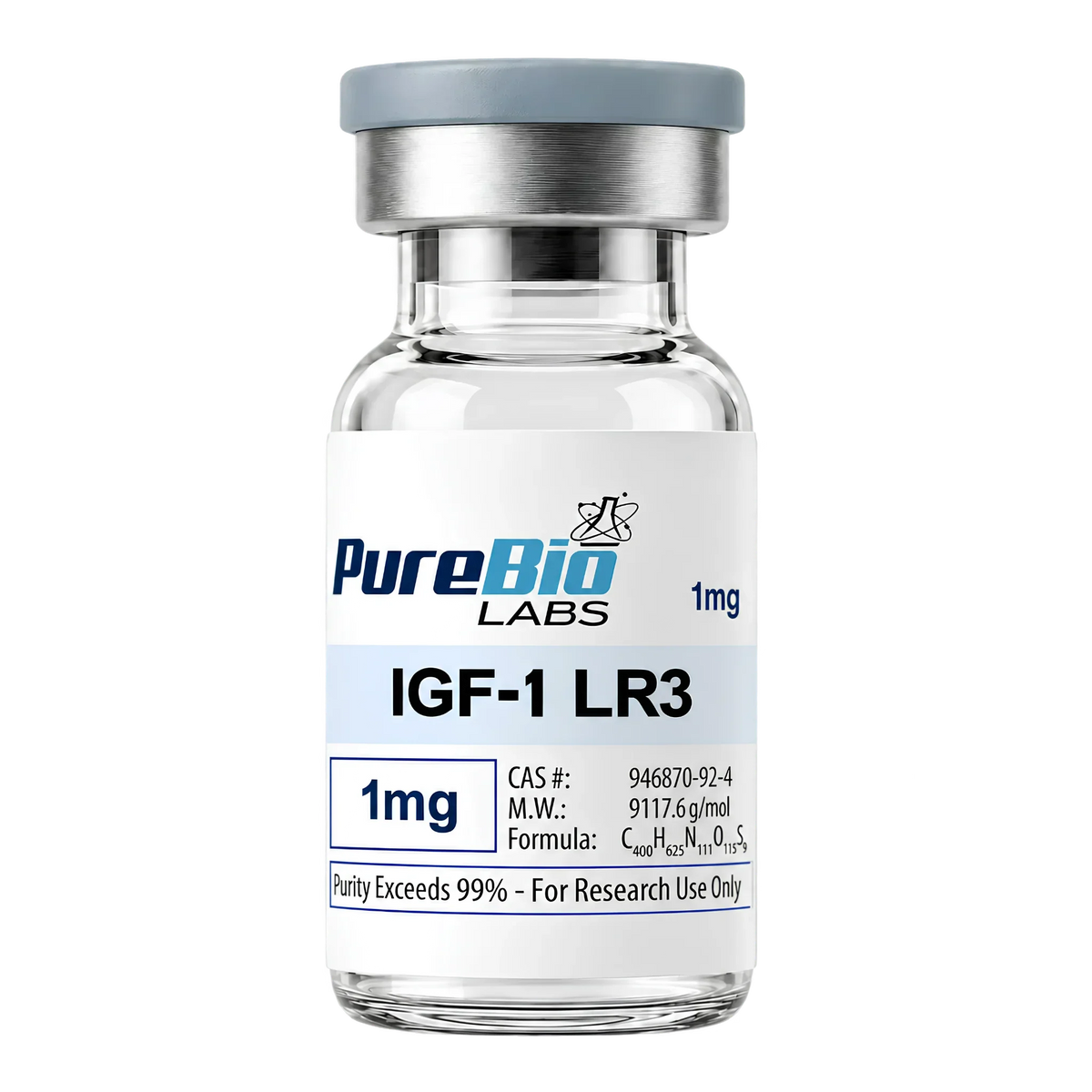 IGF-1 LR3 research peptide vial, 1mg lyophilized powder, Pure Bio Labs