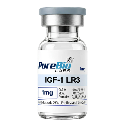 IGF-1 LR3 research peptide vial, 1mg lyophilized powder, Pure Bio Labs