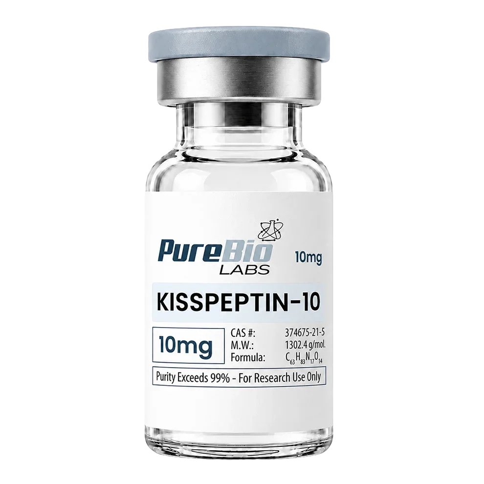 A glass vial of Pure Bio Labs Kisspeptin-10 10mg with a white label, silver metal collar, and gray cap on a white background.