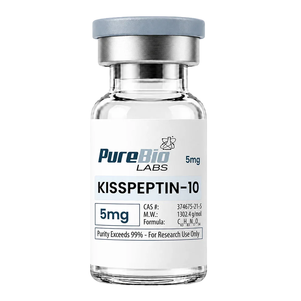 A glass vial of Pure Bio Labs Kisspeptin-10 5mg with a white label, silver metal collar, and gray cap on a white background.