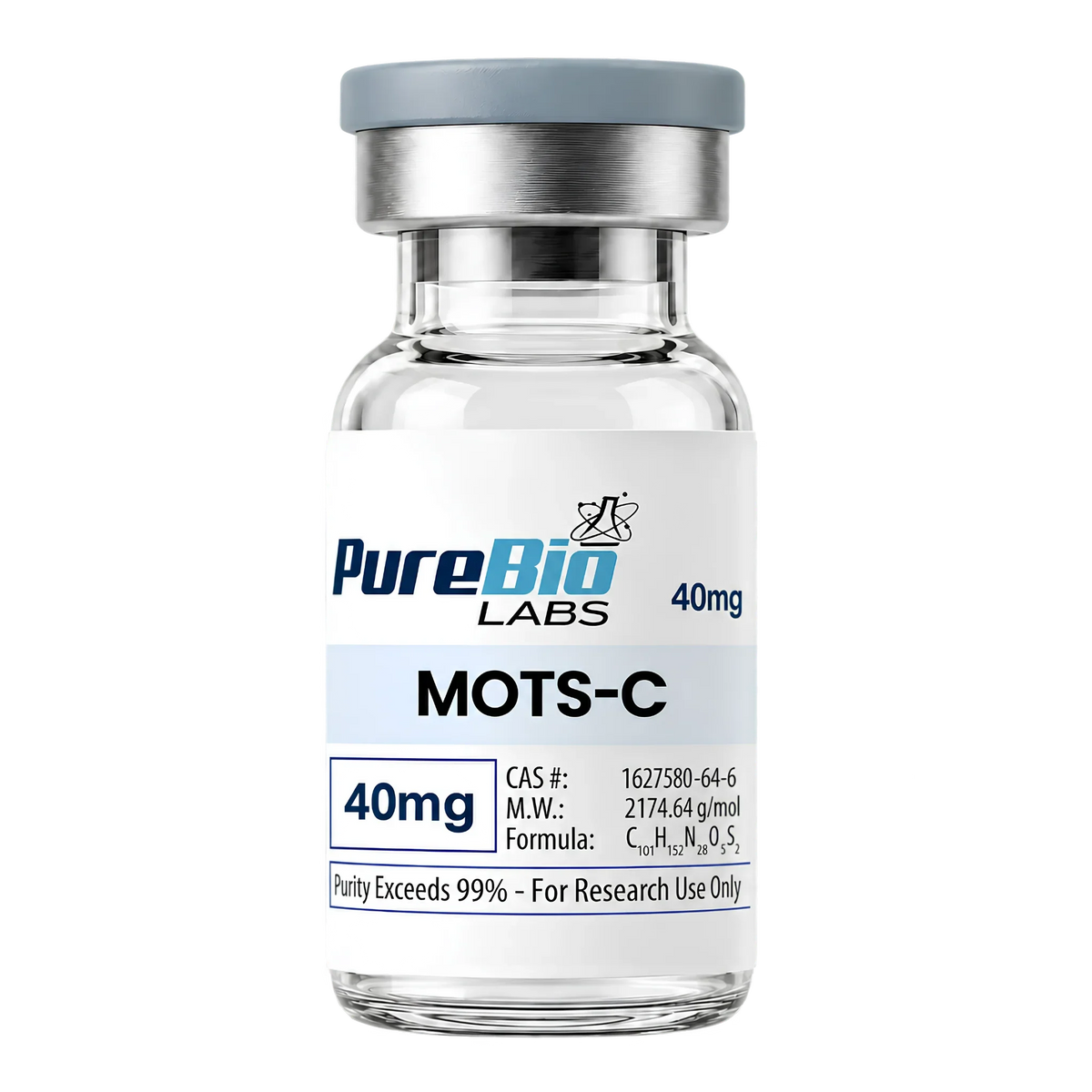 MOTS-c research peptide vial, 40mg lyophilized powder, Pure Bio Labs