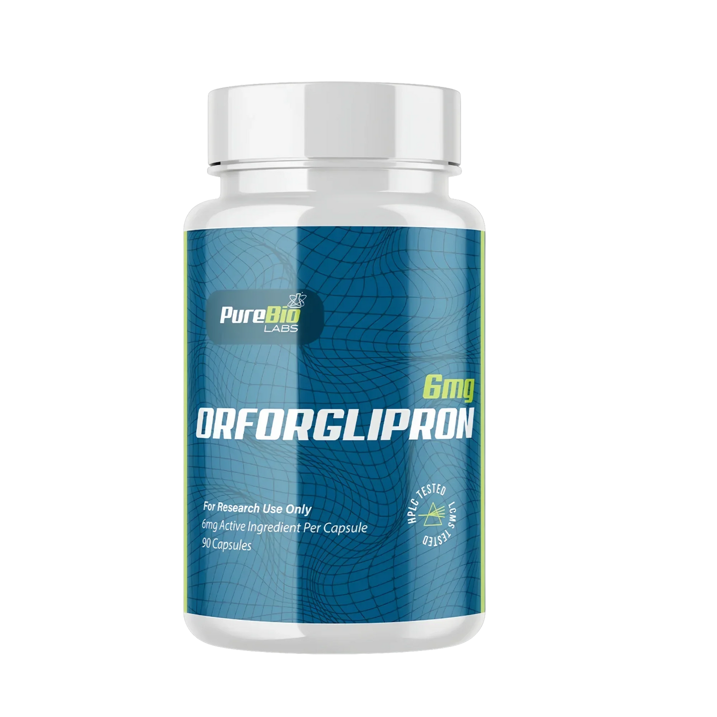 Peptide bottle labeled 'Orforglipron' by PureBio Labs on a white background