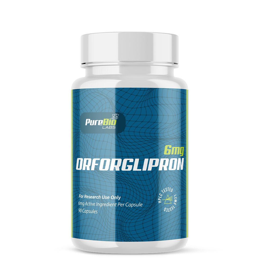 Peptide bottle labeled 'Orforglipron' by PureBio Labs on a white background
