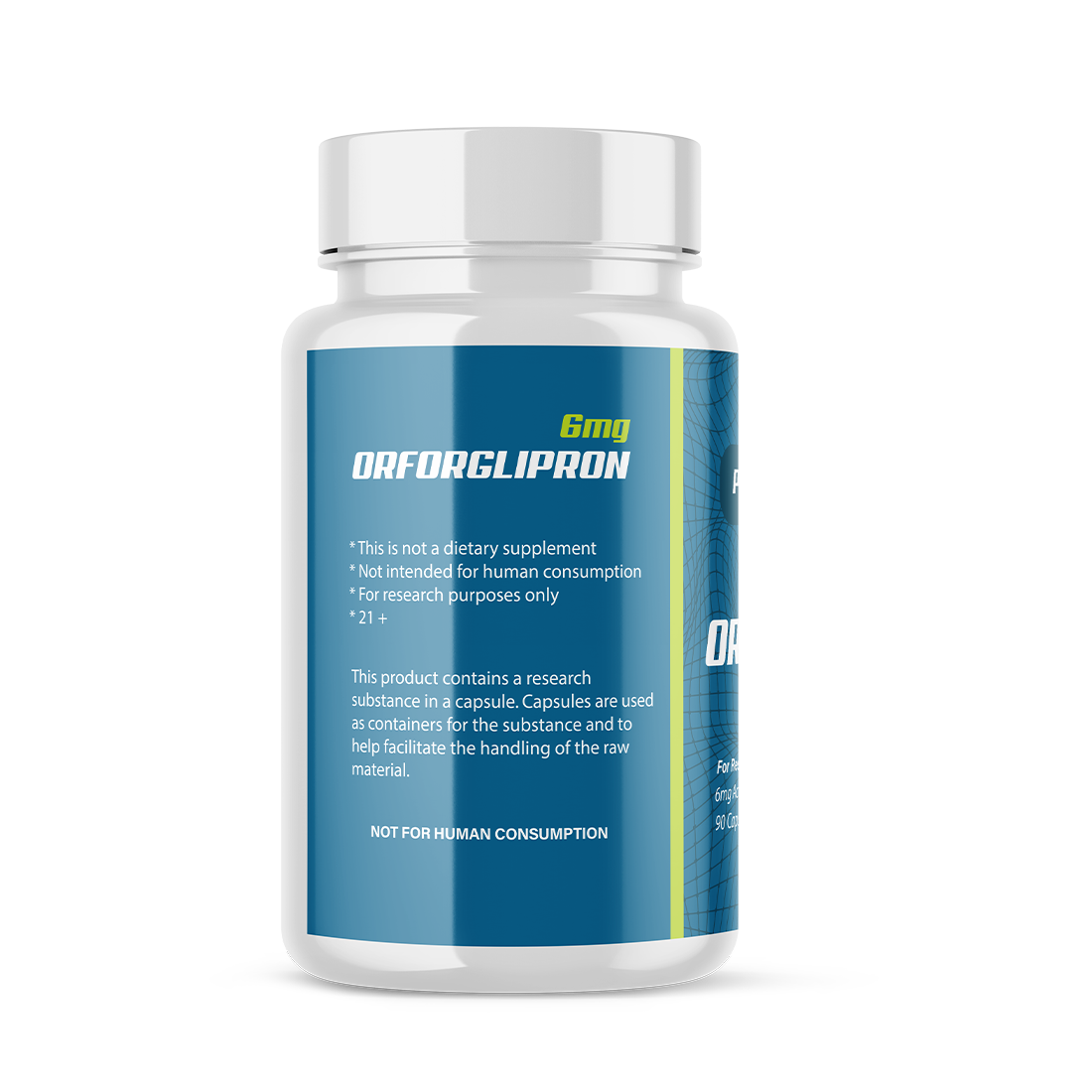 Peptide bottle labeled 'Orfoglipron' with blue label on a white background