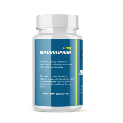 Peptide bottle labeled 'Orfoglipron' with blue label on a white background