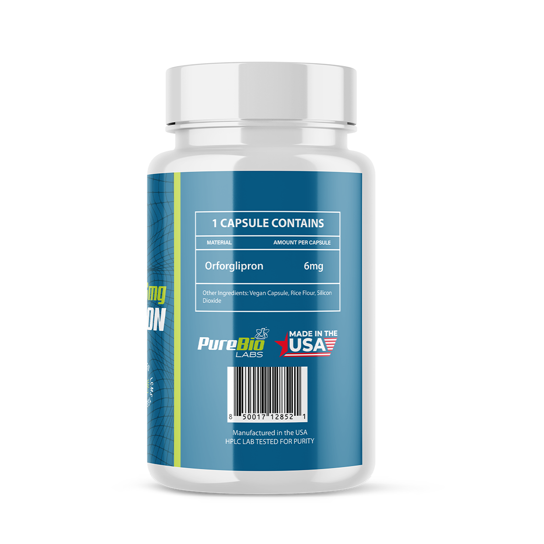 Orforglipron Peptide bottle with blue label and white cap on a white background