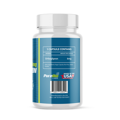 Orforglipron Peptide bottle with blue label and white cap on a white background