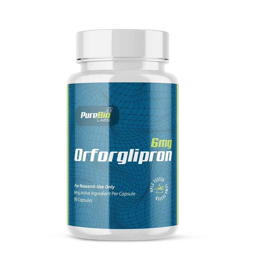 Orforglipron research capsules, 6mg / 90 capsule format, front label, Pure Bio Labs