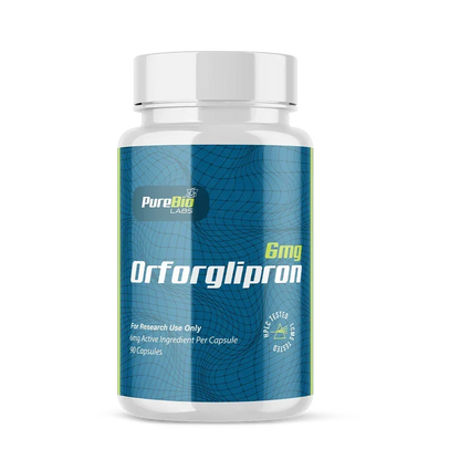 Orforglipron research capsules, 6mg / 90 capsule format, front label, Pure Bio Labs