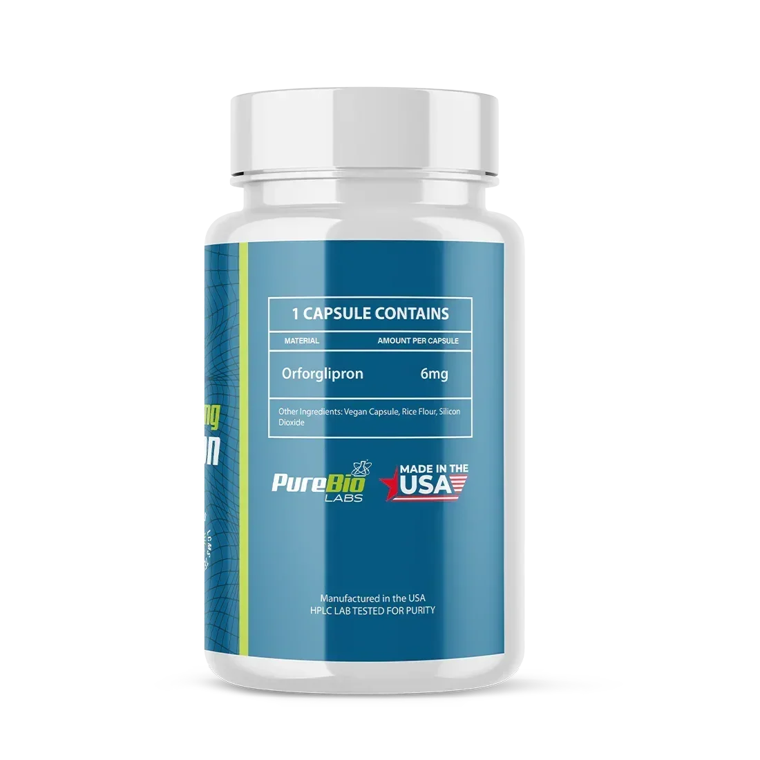 Orforglipron research capsules bottle, 6mg / 90 capsule format, Pure Bio Labs