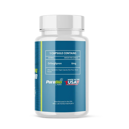 Orforglipron research capsules bottle, 6mg / 90 capsule format, Pure Bio Labs