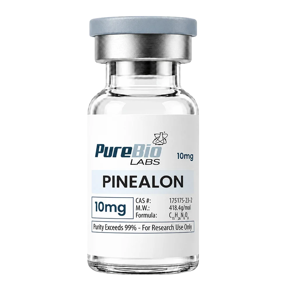 A glass vial of Pure Bio Labs Pinealon 10mg with a white label, silver metal collar, and gray cap on a white background.