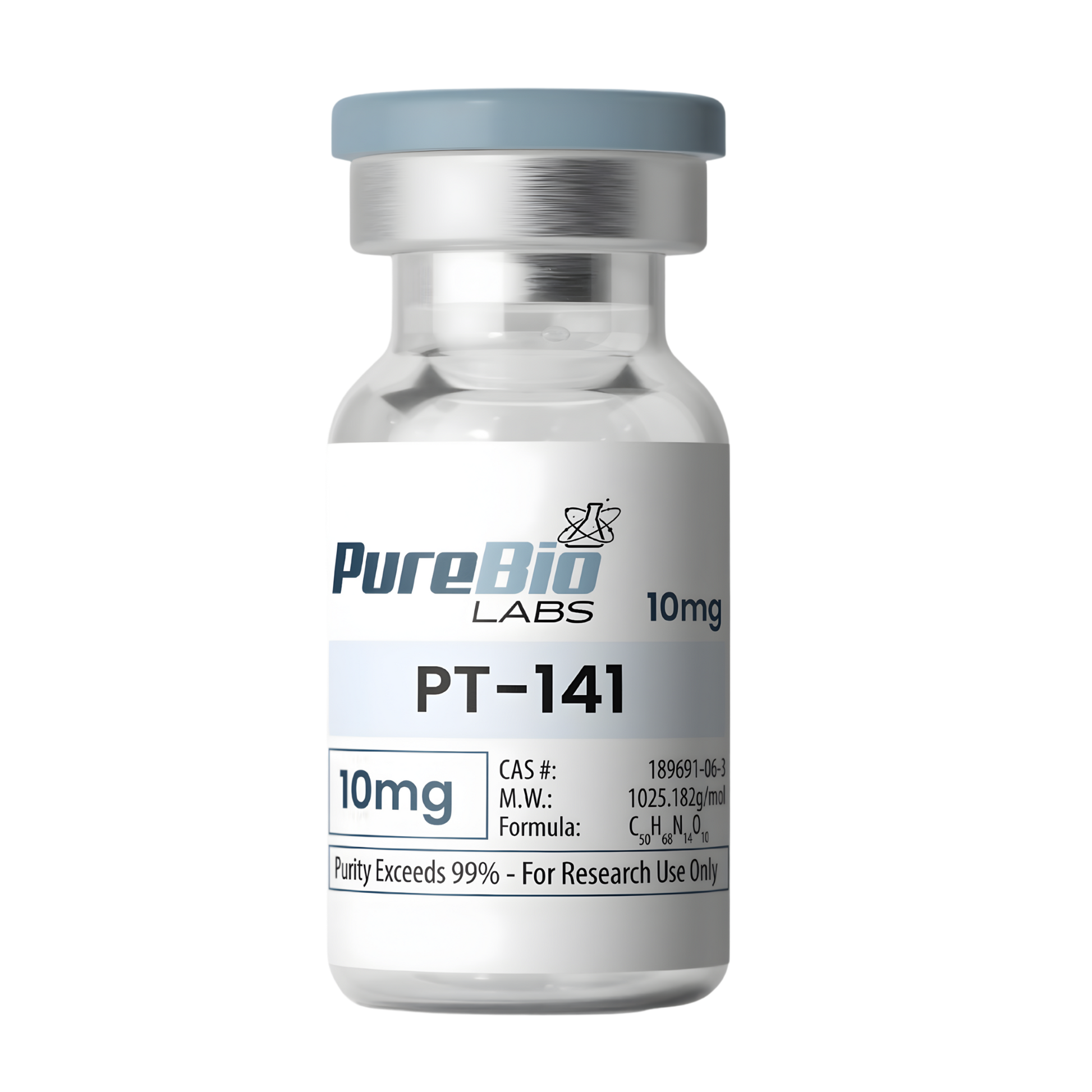 Vial labeled 'PT-141' by PureBio Labs on a white background