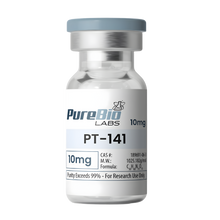 Vial labeled 'PT-141' by PureBio Labs on a white background